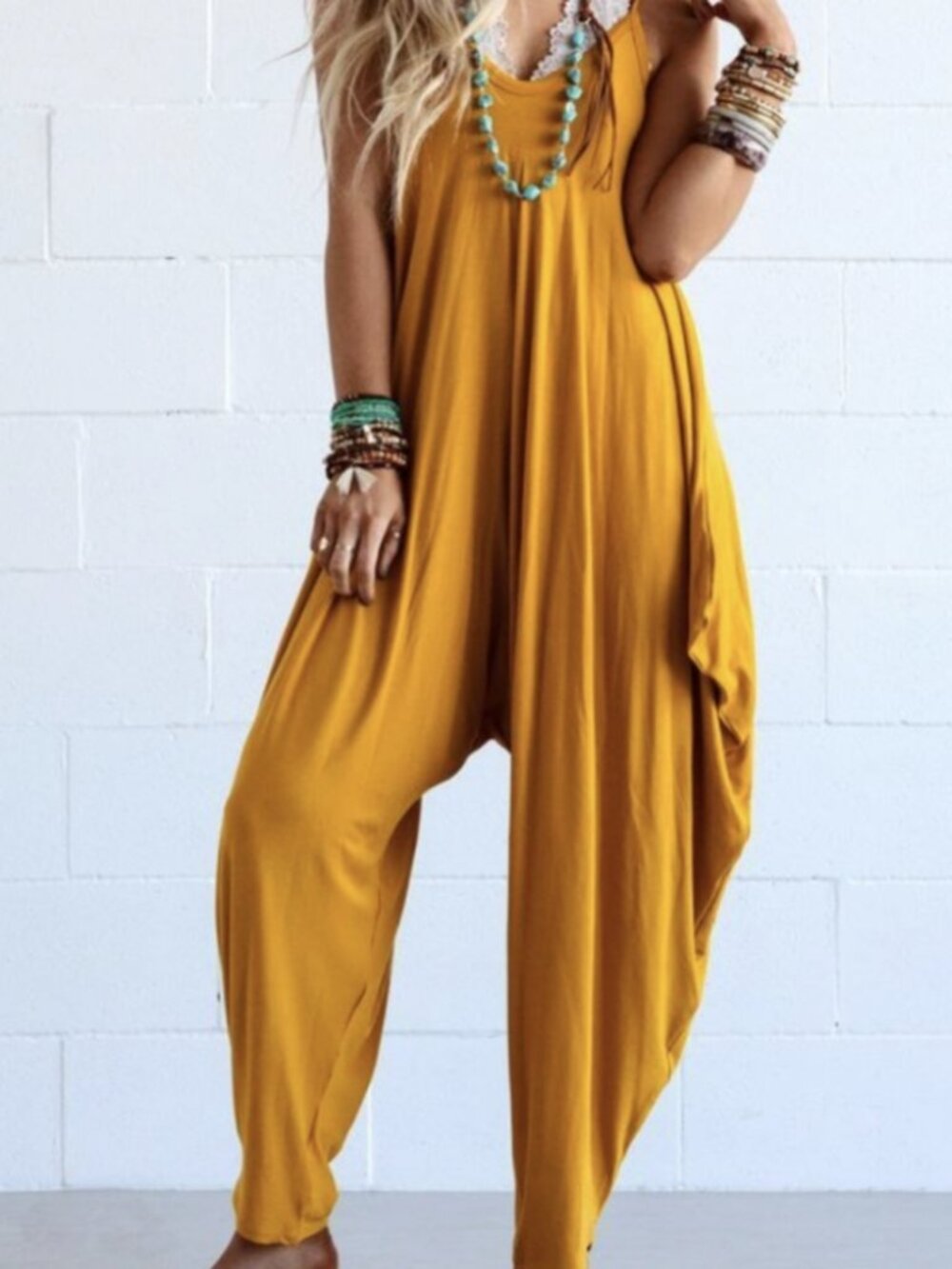 Three Bird Nest Mustard Yellow Draped Jumpsuit S
